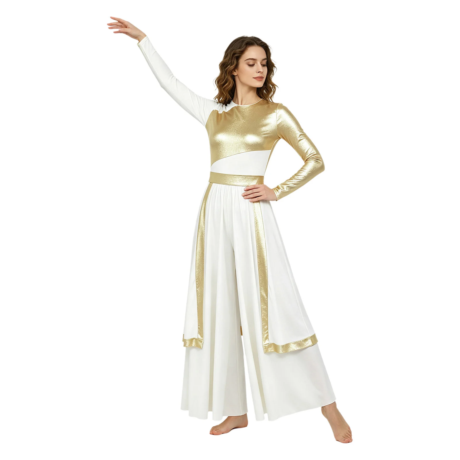 Traje de Danza Litúrgica para Mujer, Metálico, de Manga Larga, Pantalón Ancho, para Coro Cristiano, Iglesia, Danza Lírica