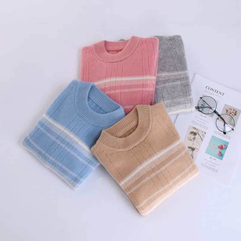 Winter New Childrens sweater O-Neck Color blocking Cashmere sweater Long sleeved pullover shirt Fashionable Warm Childrens tops