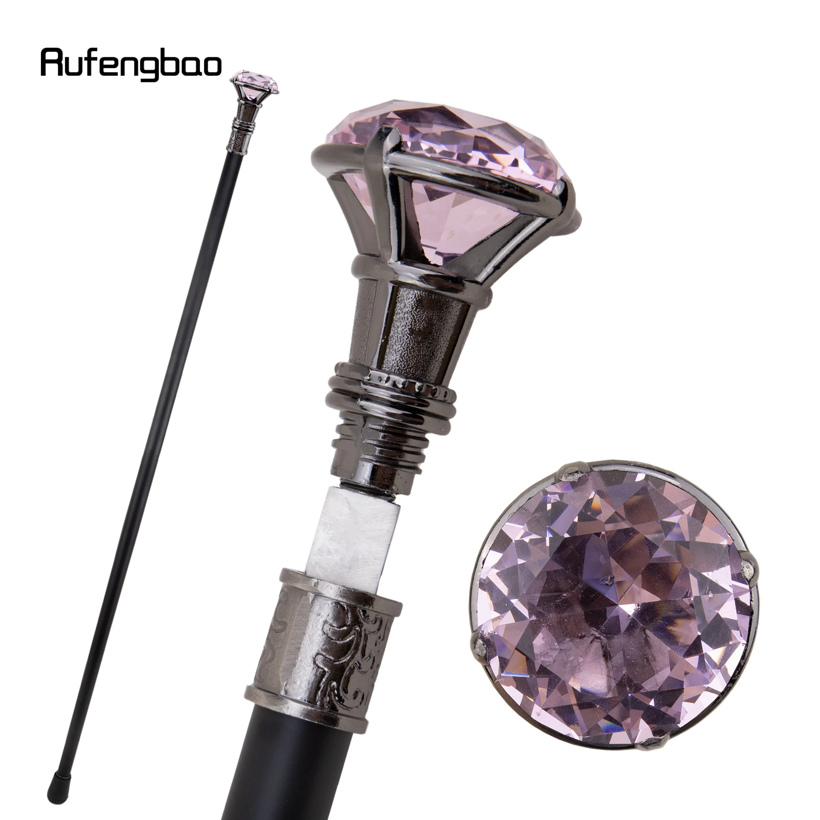 

Pink Diamond Single Joint Silver Walking Stick with Hidden Plate Self Defense Fashion Cane Plate Cosplay Crosier Stick 93cm