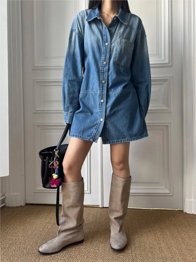 เดรสยีนส์สปริงสำหรับผู้หญิง แฟชั่นใหม่ แขนยาว เดรสเชิ้ตสไตล์เกาหลี ชุดลำลองยีนส์สำหรับผู้หญิง