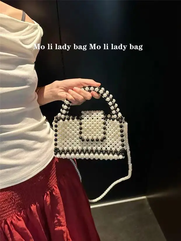 

High Quality Pearl Beading Woven Handmade Square Bag Beads Beaded Women Handbag Luxury Fashion Clutch Purse Crossbody Bag