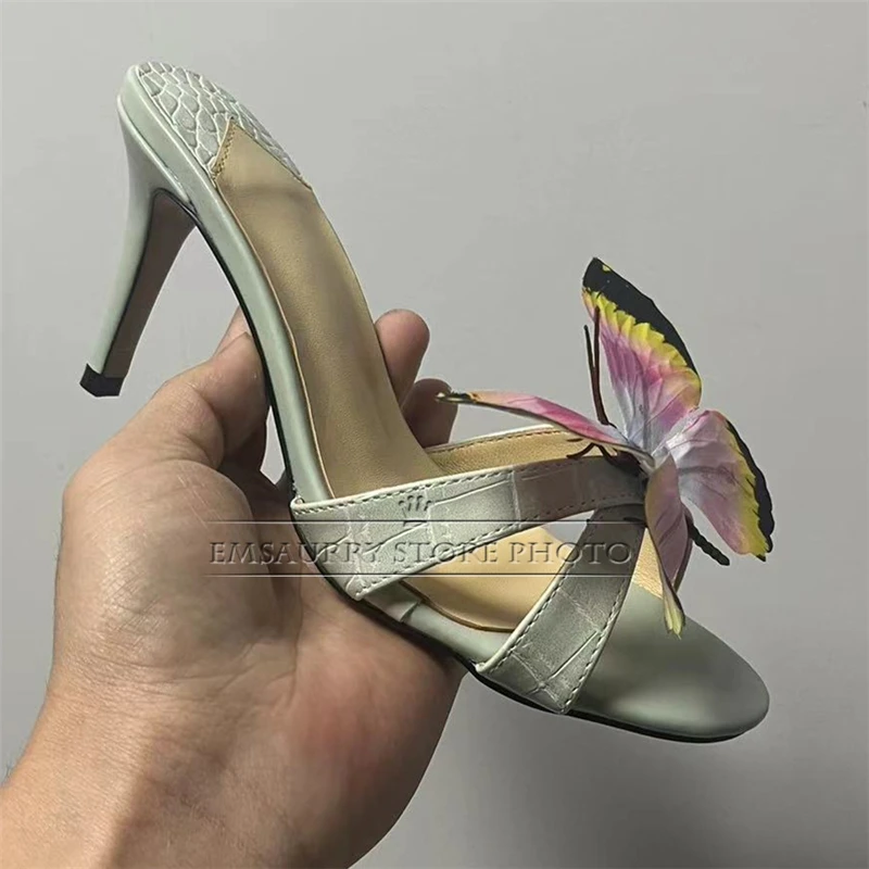 Handmade Butterfly-Flower Decor Sandals Women Slingbacks Multicolor Stone-Grain Real Leather Summer Shoes