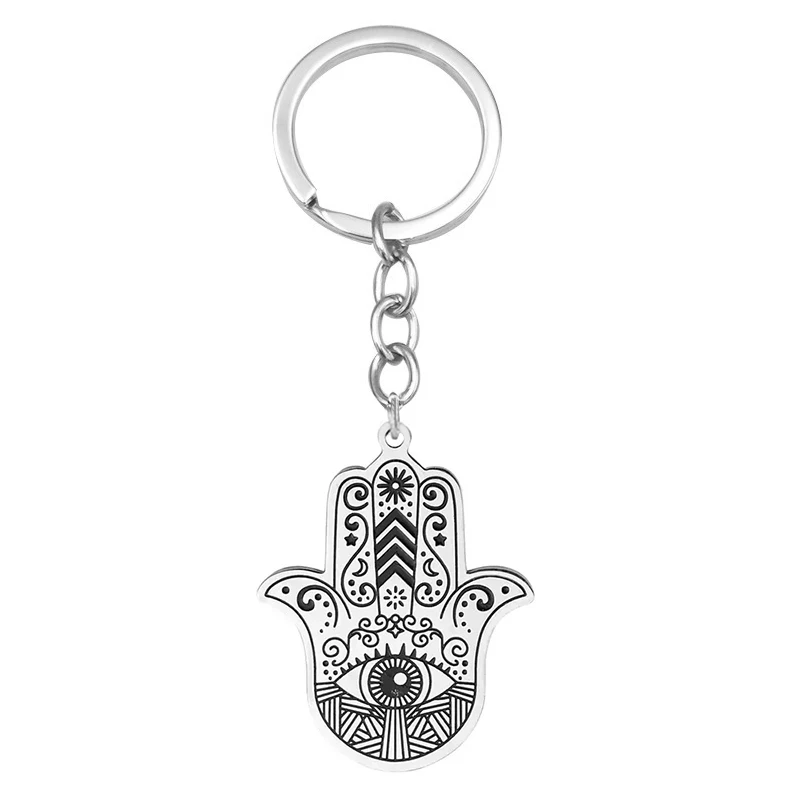 Stainless Steel Hamsa Hand Keychain Muslim Hand of Fatima Pendant Key Chains For Men Arabic Amulet Jewelry