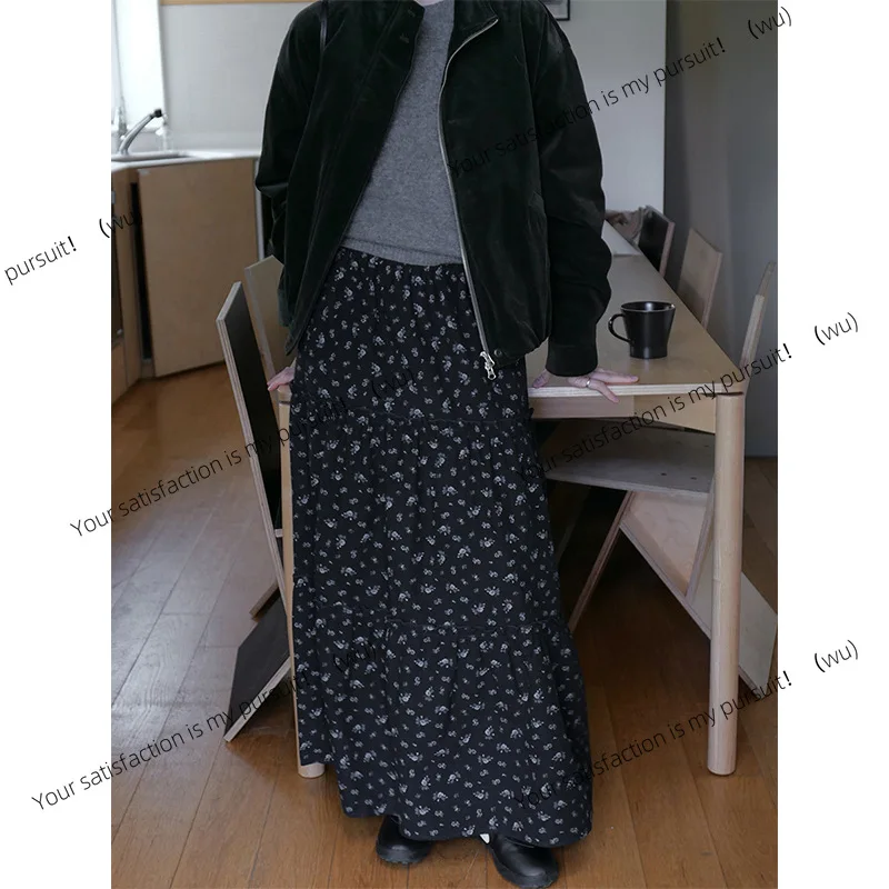

Simplicity, casual styling, polished cotton printed skirt, fungus edge rubber band waist loose skirt 12131