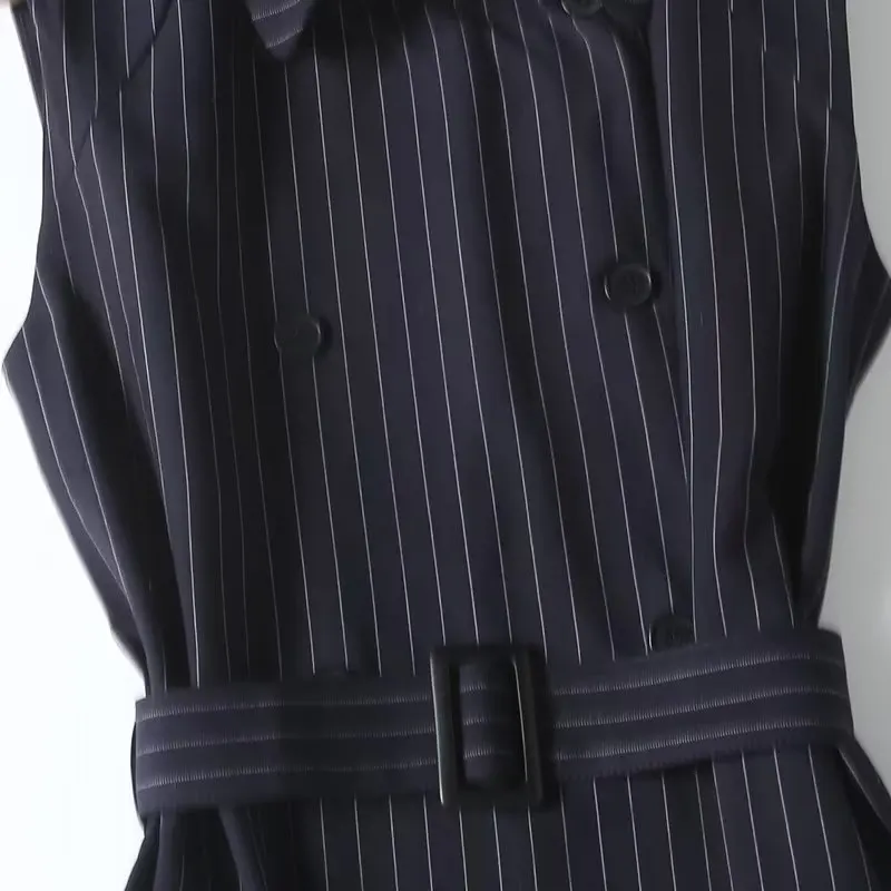 Maxdutti Autumn New French Fashion Navy Dress Women Striped Sleeveless Suit Dress Office Ladies Retro Elegant Midi Vest