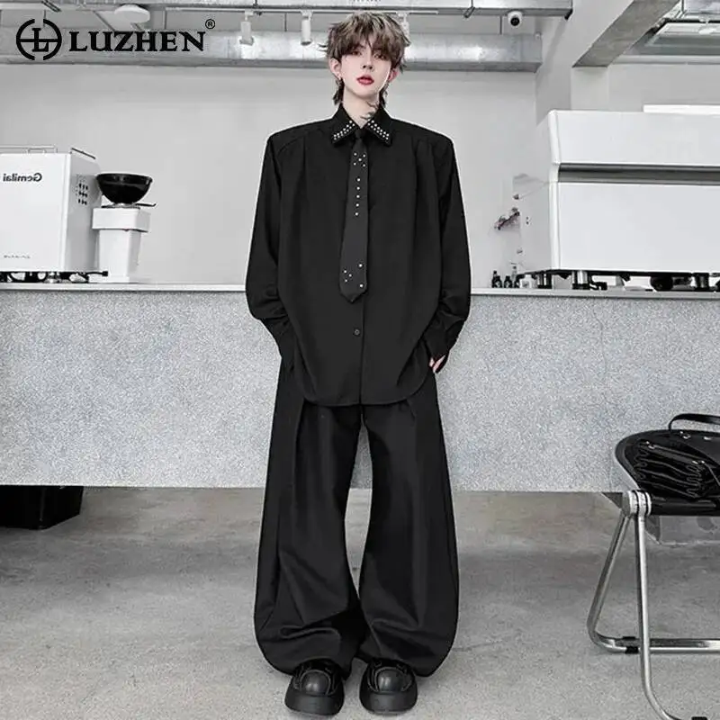 

LUZHEN Luxury Handsome Necktie Decorate Long Sleeve Shirts Fashion Men's Loose Wide Leg Casual Pants Male Two-piece Sets JY7237
