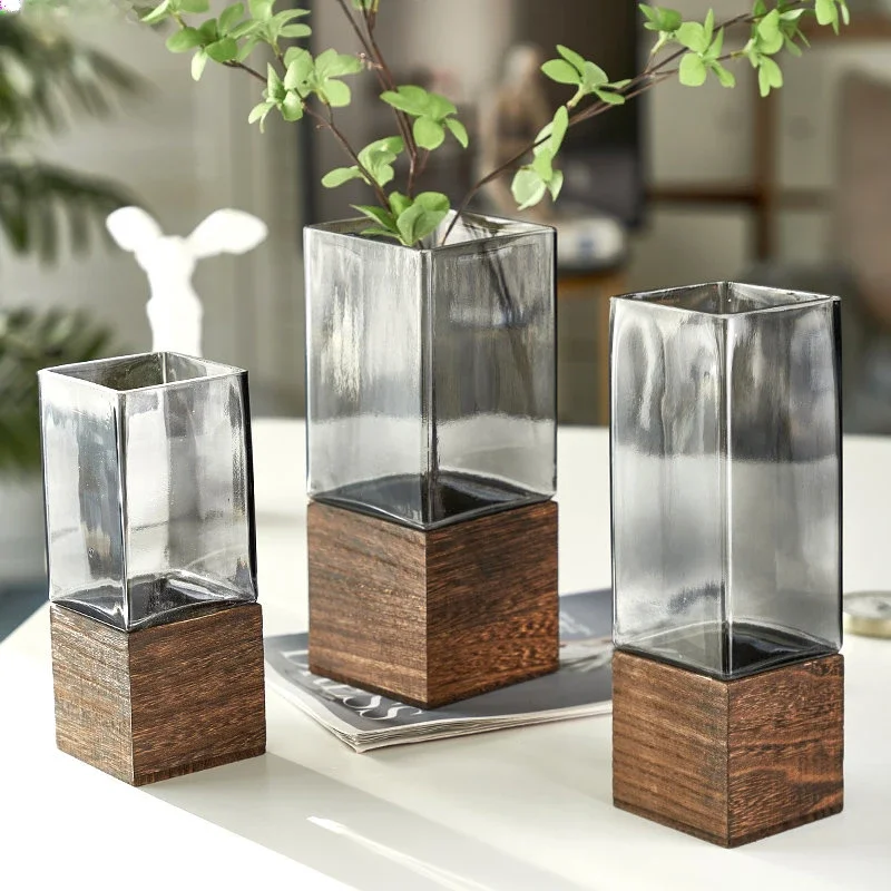 Creative Floral Glass Vase Wood Base Desk Square Decoration Vases Flowers Pots Flower Hydroponics Arrangement Modern Home Decor