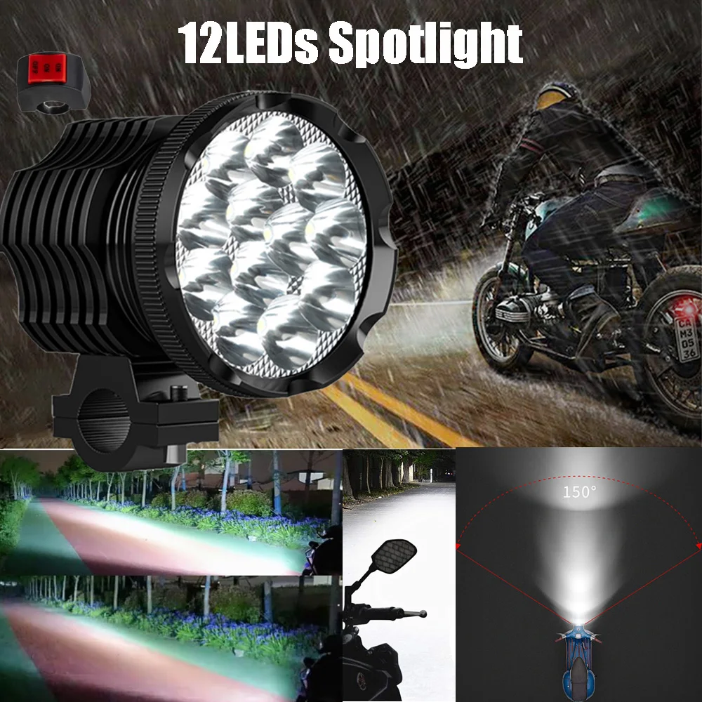 Motorcycle Spotlight DC12-80V Auxiliary 12 LED Headlights Long Range Front Additional Electric for Motorcycles  ATV UTV Fog Ligh