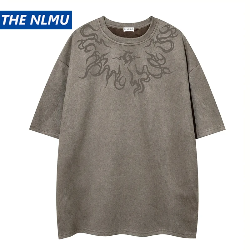 

Новая винтажная замшевая футболка 2026 года с буквенным принтом, мужская летняя унисекс футболка с коротким рукавом, свободного кроя в стиле ретро