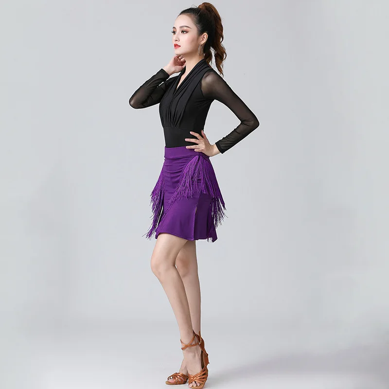 Latin Dance Training Clothes for Women Autumn Winter Dance Clothes Sexy One-piece Clothes Long Sleeved Blouse Tassel Skirt