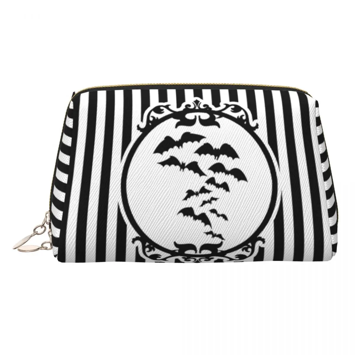 Bolsa de cosméticos a rayas y murciélagos para mujer, estuche de maquillaje gótico de gran capacidad para Halloween, almacenamiento de belleza, bolsas de aseo