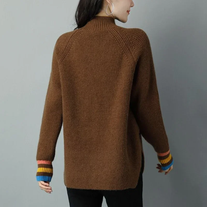 Women\'s Clothing Fashion Versatile 2023 Autumn and Winter New Splice Buttons Half High Collar Long Sleeved Solid Color Pullover