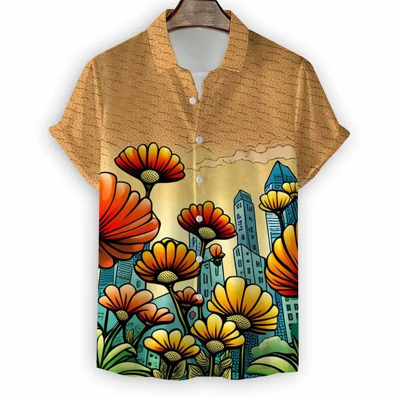 Camisa de praia havaiana de manga curta masculina, blusa casual com lapela estampa tulipa, moda confortável, novo estilo, 2024