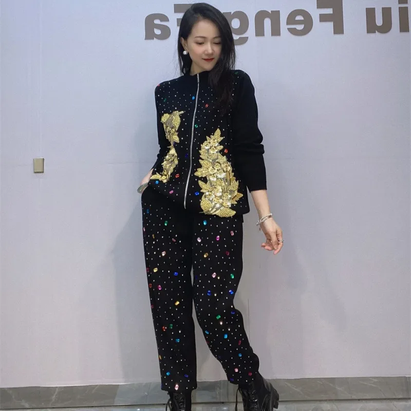 Diamond Knitted Sweater Embroidered Zipper Jacket Sweatpants Two-piece Sets Autumn And Winter Oversized Casual Black Pant Suit