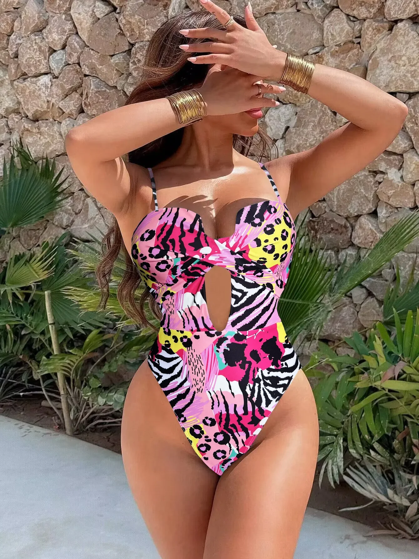 Traje de baño de una pieza push up sin espalda leopardo rosa traje de baño de una pieza traje de baño ropa de playa para mujer
