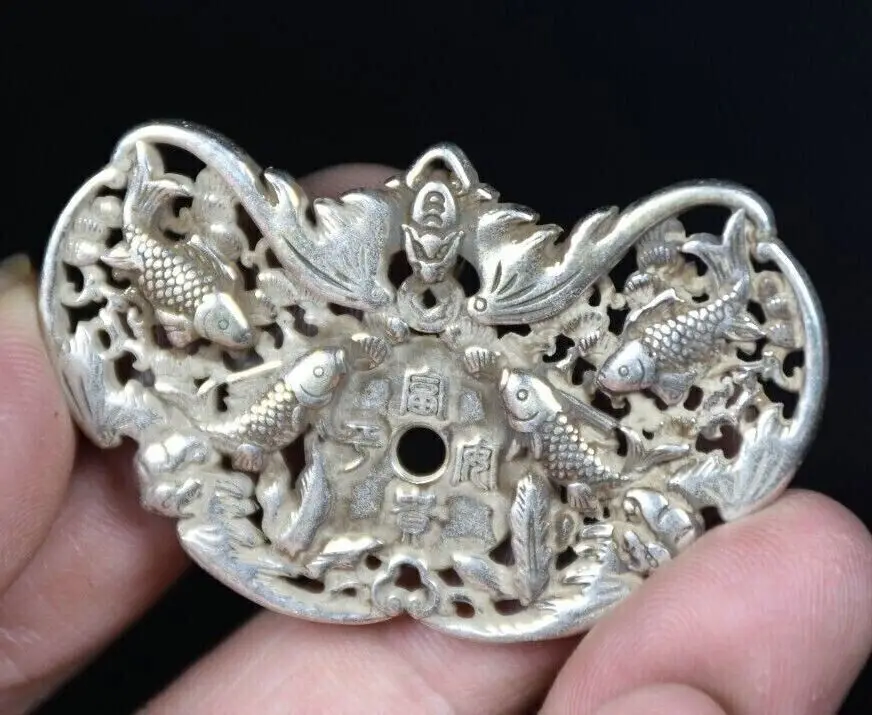 5.1CM Old China Miao Silver Feng Shui Fish Bat Butterfly Shape Amulet Pendant