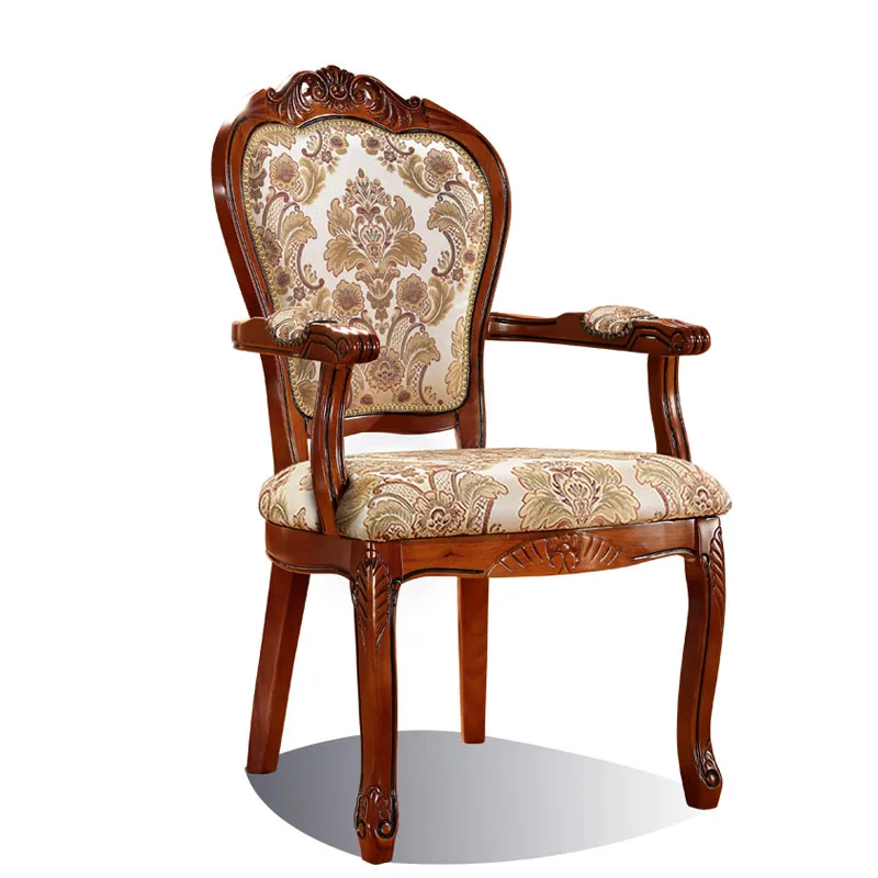 American Country Dining Chair Solid Wood Carved Fabric Chair Dining Room Dining Chair Dark European Soft Chair Room Furniture