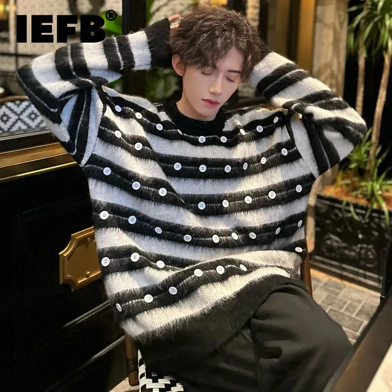 IEFB Round Collar Male Sweaters Striped Button Decoration Casual Contrast Color Men's Knitting Pullovers Autumn Tide 9C4679