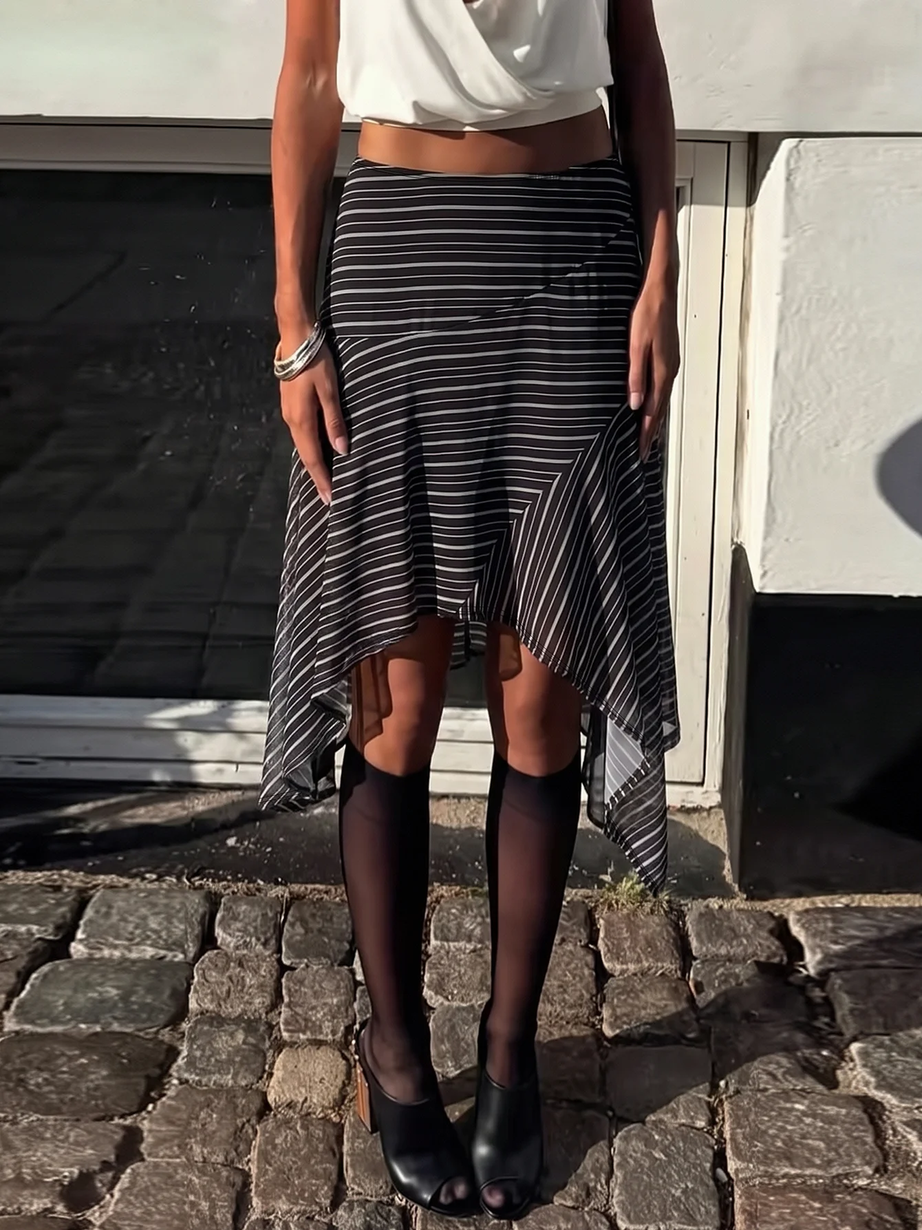 Hugcitar Striped Print High Waist Patchwork Mesh Irregular Midi Skirt Fashion Female Clothes Streetwear Party Night Club Y2K