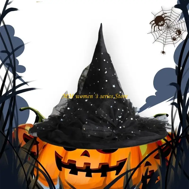 Q39C Sequins Witch Hat Party Accessory Unique Black Wizard Hat Fashion Accessory
