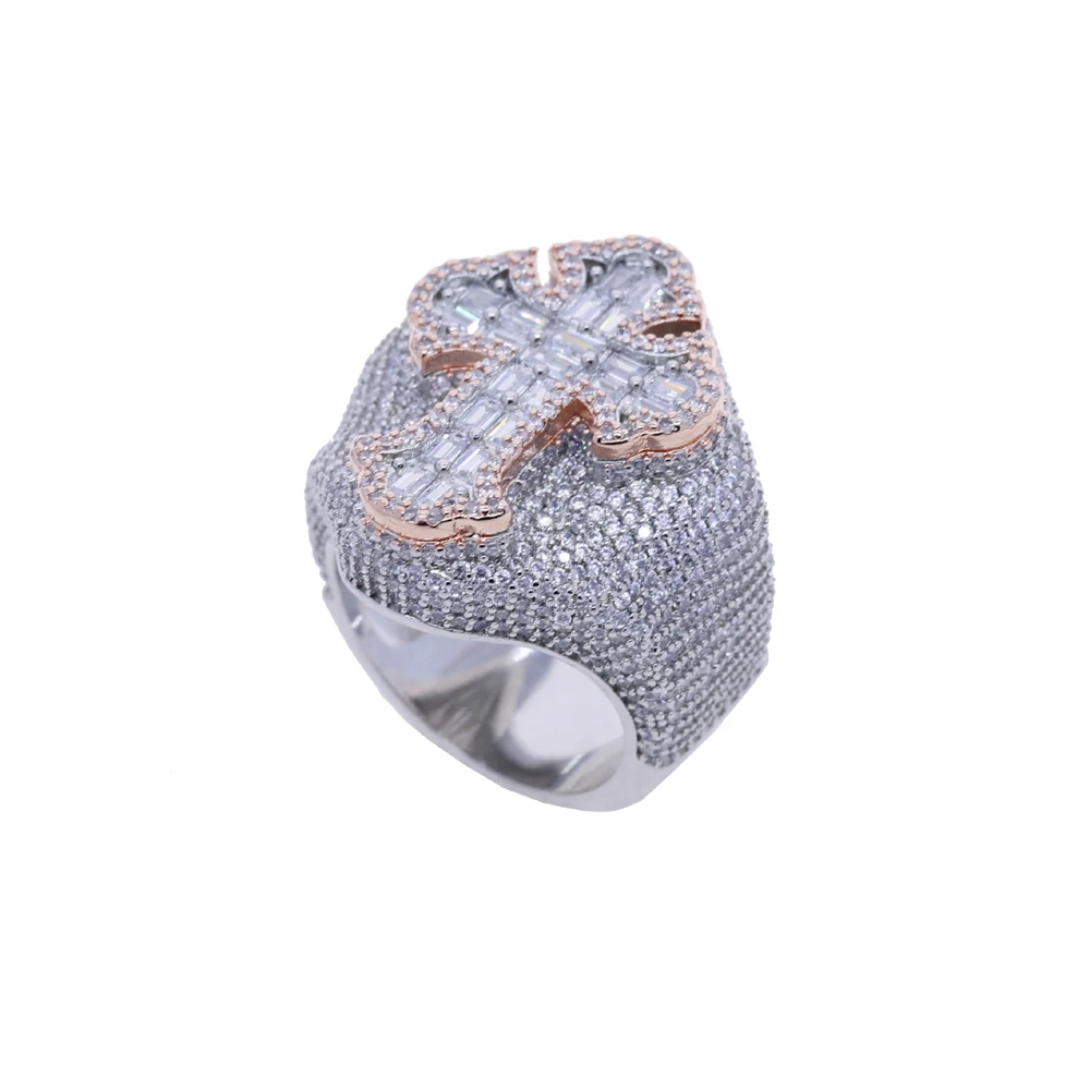 Bague en forme de croix pour hommes, deux tons de couleur, glacé, scintillant, 5A, Zircon cubique, réglage de griffes, mode luxueux, Hip Hop, bijoux de doigt