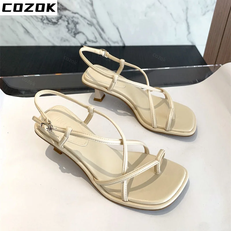 Stiletto mid-heel set-toe sandals female fairy style 2022 new summer net red all-match one-word buckle clip-on high-heeled shoes