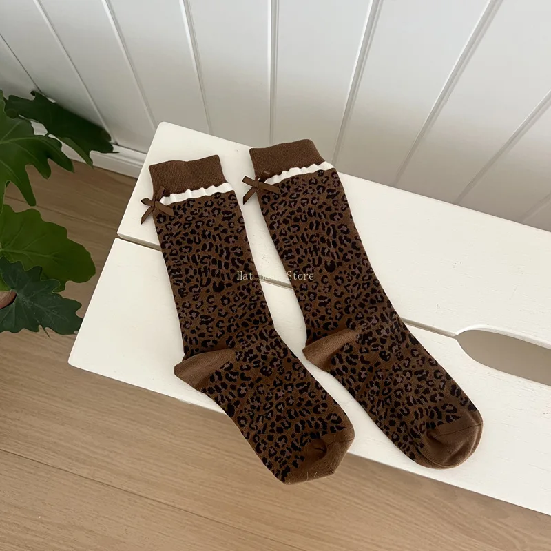 Leopard Printed Socks Women Bandage Ribbon Bow Y2k Girls Middle Tube Socks Japanese Fashion Harajuku Retro Streetwear Long Socks