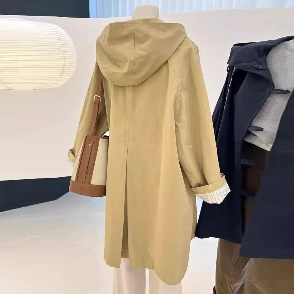 Autumn hooded trench coat large size loose tooling retro high-end medium and long coat tide