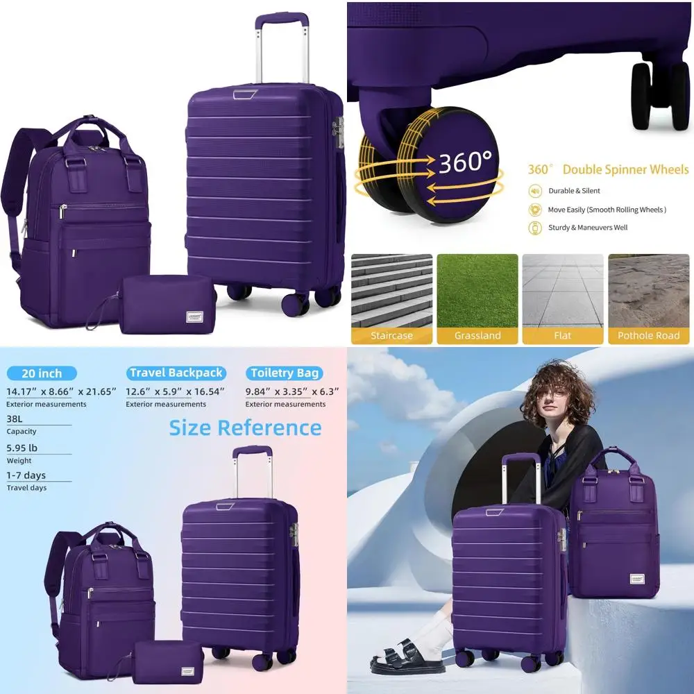 

3 Piece Hardside Spinner Luggage Set TSA Lock for Women, Grape PU, Carry-On Suitcase with 360° Wheels, Travel Luggage Sets