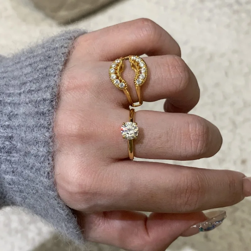 Vintage Light Luxury Double layered Round inlay Diamond  rings for women Unique Charm Couple Style Stacked Ring Wedding Jewelry