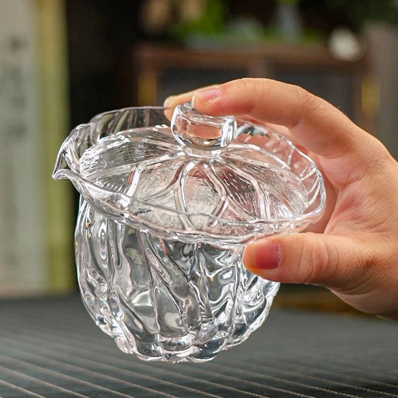 200ml Lotus Leaf Transparent Gaiwan Thickened Tea Cup Heat-resistant Glass Tea Making Pot Single Hand Grab Pot