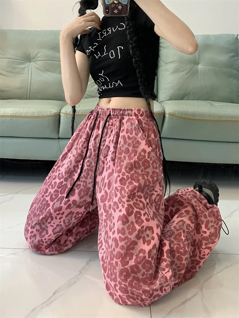 Vintage Streetwear Red Leopard Pants Jogger Sweatpants women Harajuku Loose Cargo Pants Y2k Retro 2000s Aesthetic Trousers