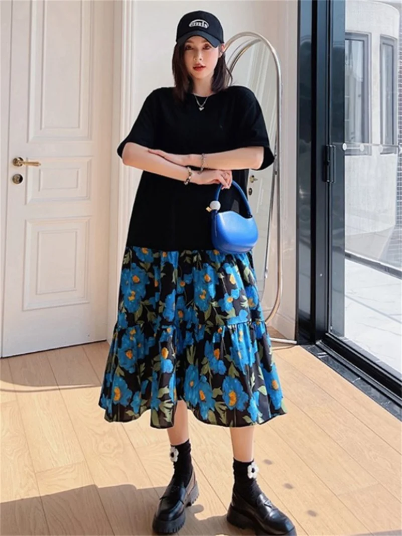 الربيع القطن خمر التنانير المطبوعة الأزرق منتصف العجل شارع العليا السيدات تنفس الكشكشة فضفاضة مرونة الخصر للإناث Vestidos #4