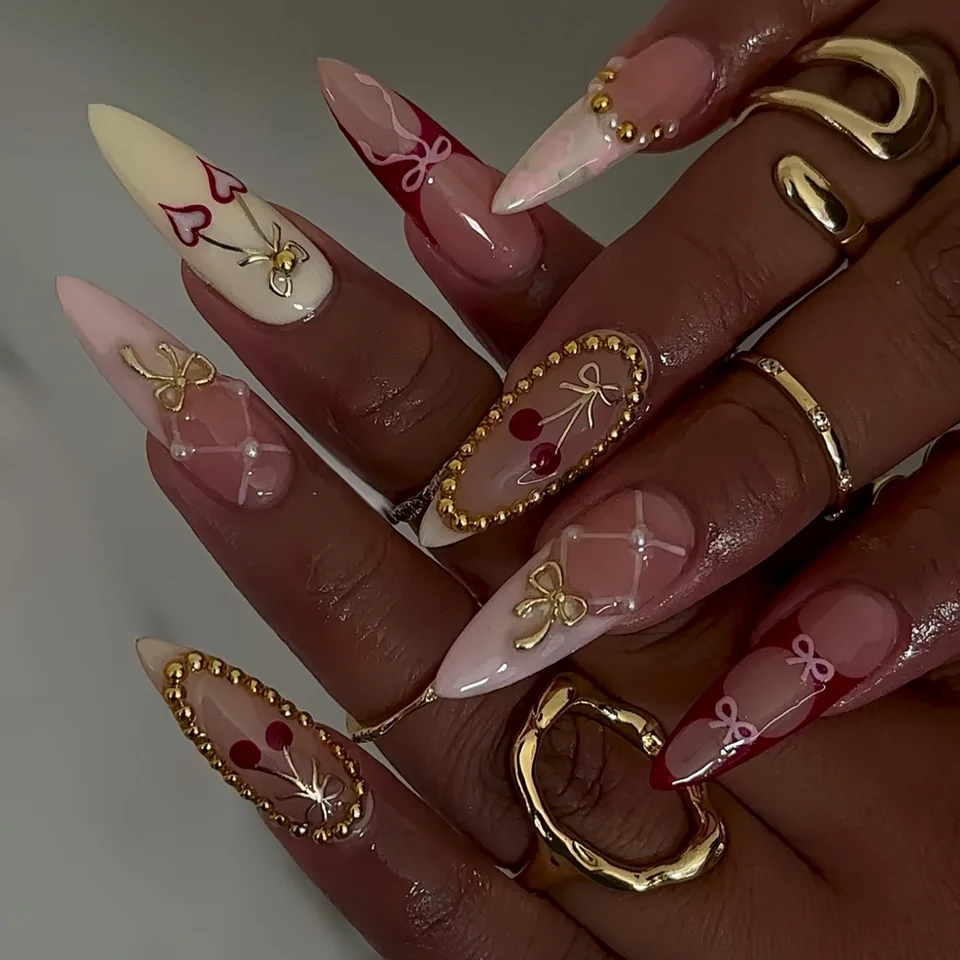 24 uñas almendradas medianas con diseño de leopardo y lazo 3D, francesas con diamantes, para damas 4