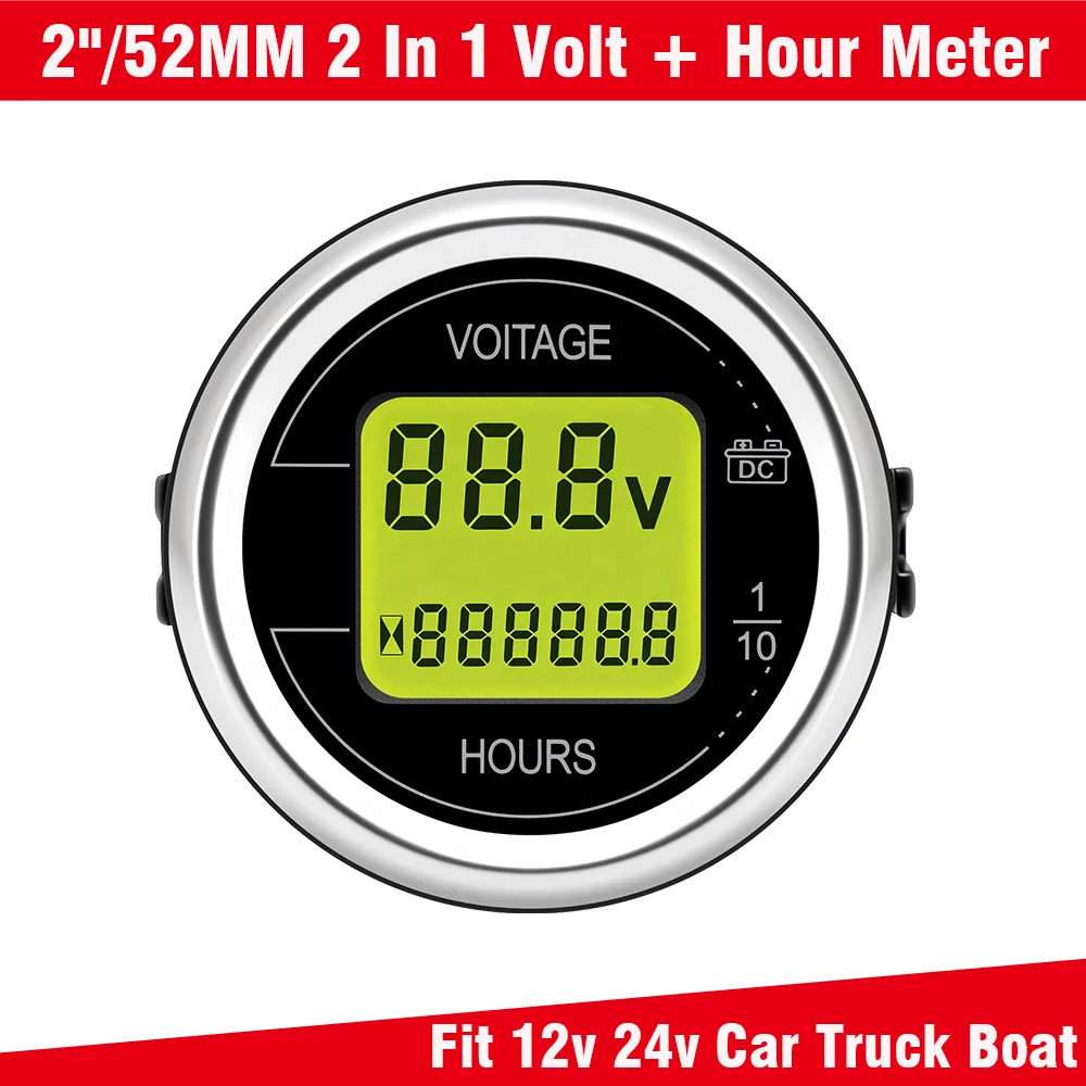 Car 52mm 2 In 1 Voltage +Hour Display LED Dual Digital Meter Round Volt Detector for Auto Motorcycle ATV Boat 12V 24V Waterproof