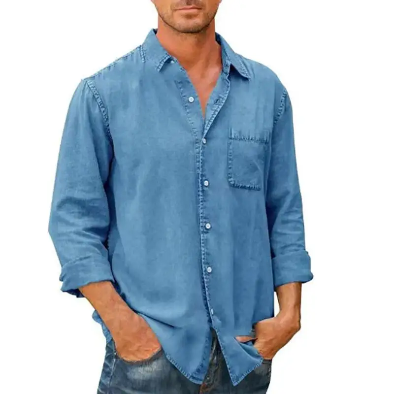 Men's Long Sleeve Shirt with Collar Pocket Single Sve Washed Casual Fashionable Versatile Comfortable Fit for Daily Wear