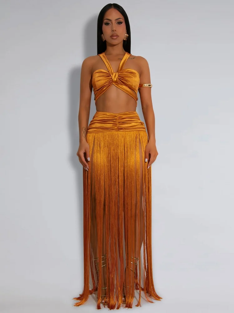 

Sister Star Women's Set Fashion Comfortable Sexy Spice Girls Shoulder Strap Top Tassel Long Dress Nightclub Party Two Piece Set