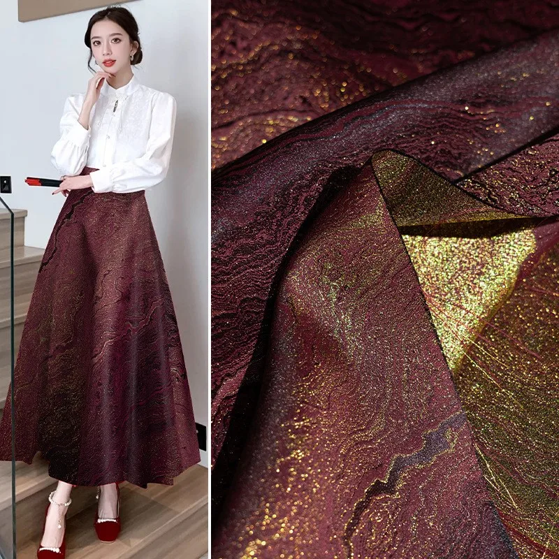 Wine red gilded jacquard fabric landscape fluid cheongsam coat skirt and pants decorative clothing designer