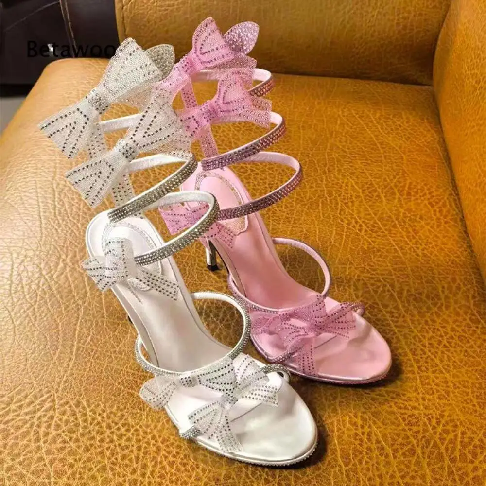 2026 Womens Open Toe Bow Knot Spiral Wrap Heeled Sandals Stiletto Heel Party and Wedding Shoes