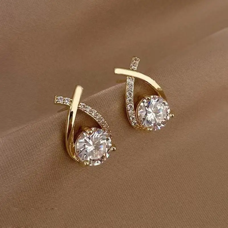 

925 Silver Needle Korean Fashion Zircon Geometric Earrings For Women Jewelry 2025 Trending Luxury Crystal Cross Stud Earrings