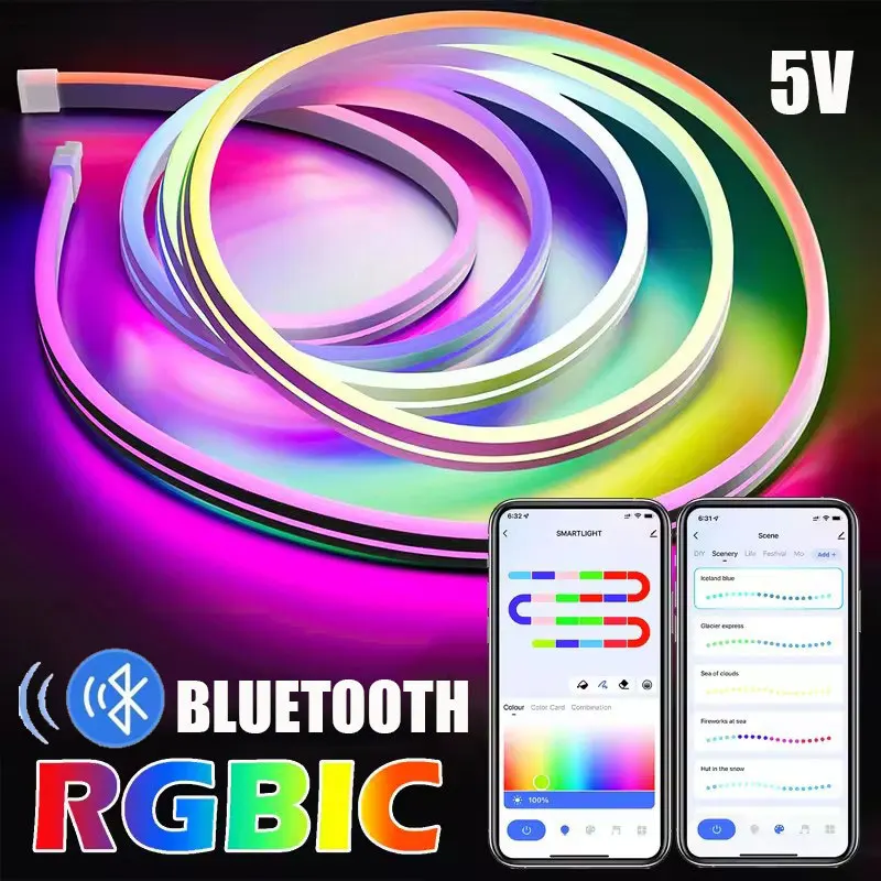 5V Usb Rgbic Neon Led Strip Light 1M 2M 3M Waterproof Neon Rope Lamp Tape Bluetooth App Led Light For Bedroom Decoration Room