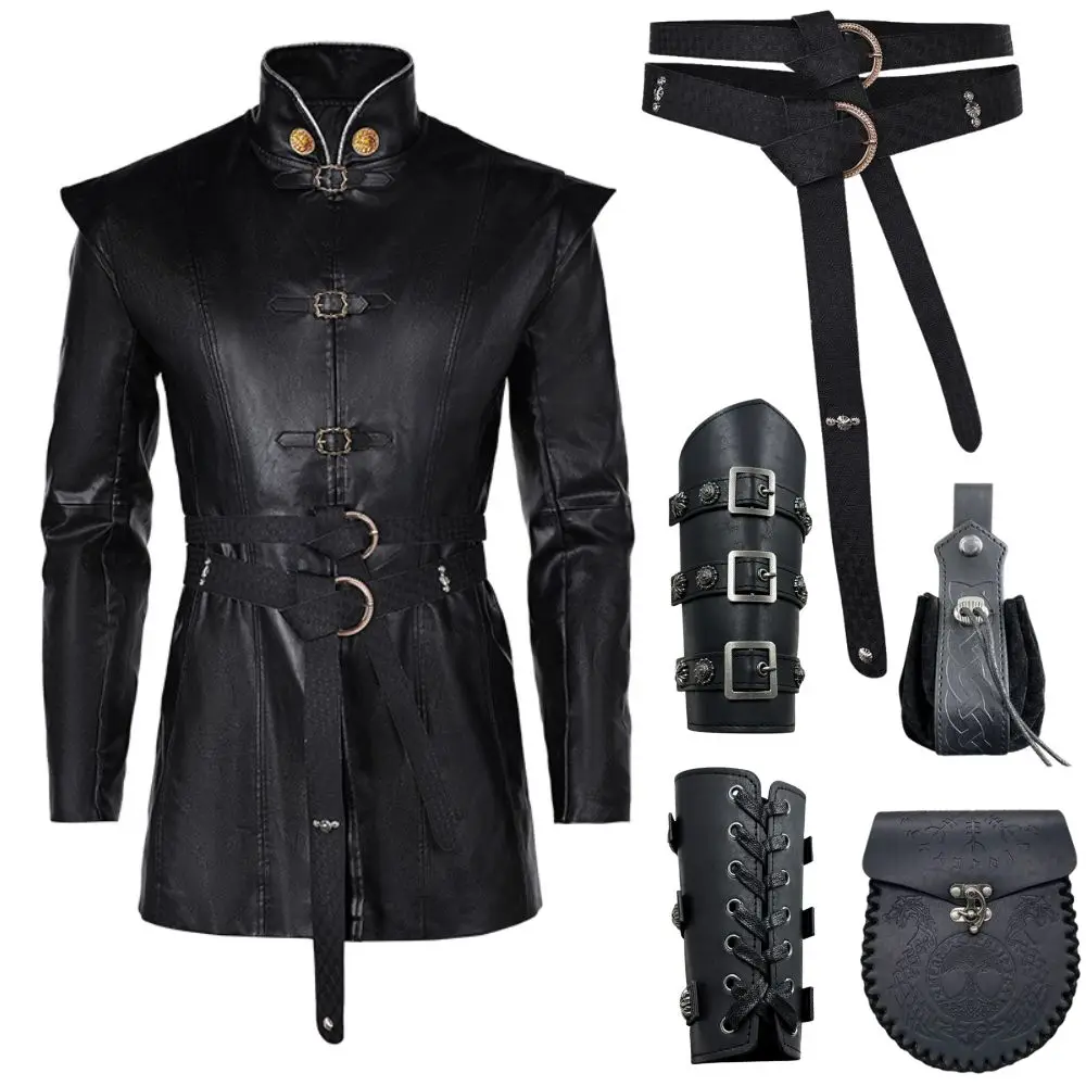 Halloween Men's Renaissance Medieval Costume for Adult Men Disguise Pirate Jacket Shirt Coat Viking Belt Bag Pouch Accessories