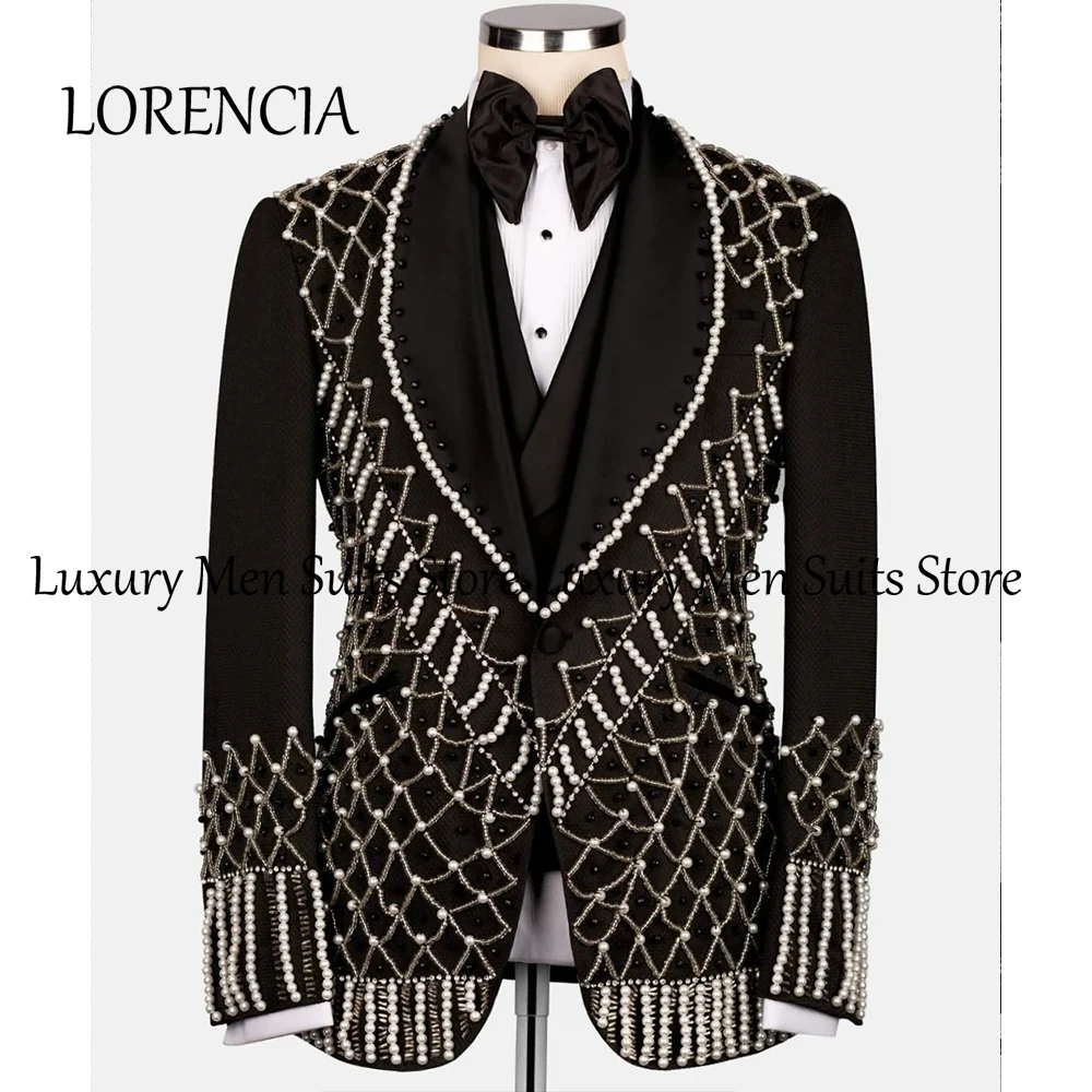 Trajes masculinos de perlas con cuentas de lujo, 3 piezas, cuello chal, vestidos de fiesta de boda, chaqueta personalizada, pantalones, chaleco, traje de lujo para hombre