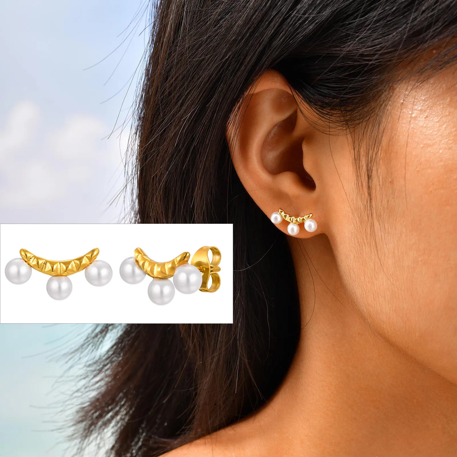 

Pearl Earrings, Metal Stainless Steel Crescent Moon Shape Stud Earring For Women Hypoallergenic Jewelry