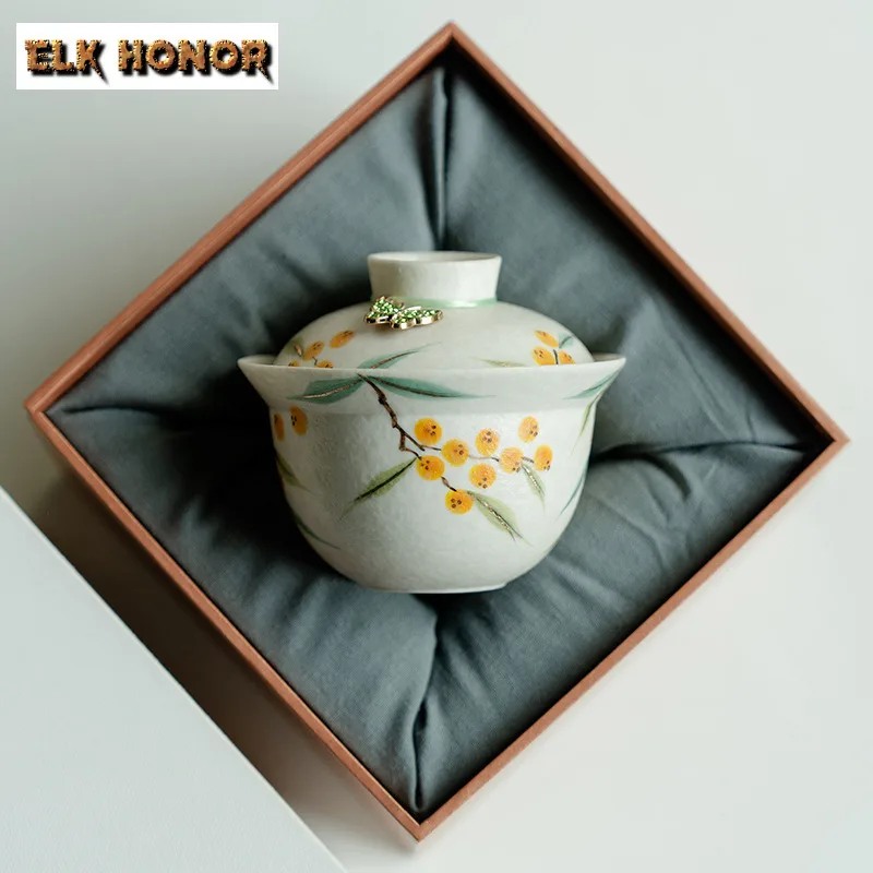 100ml Hand-painted Loquat Gaiwan Traditional Anti-scald Tea Tureen Tea Bowl With Lid Kit Tea Brewing Cover Bowl Drinkware Craft