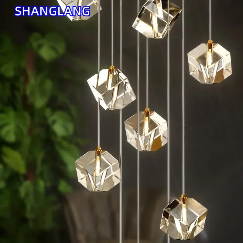 Large Crystal Hanging Lamp Modern Simple Creative LED Chandelier for Staircase Luxury Cristal Indoor Stair Pendant Light Fixture