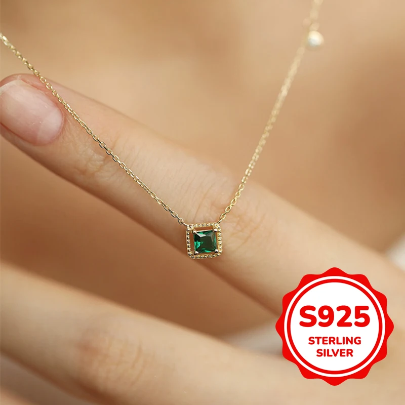 

s925 authentic sterling silver light luxury necklace emerald sugar cube women fashion versatile elegant retro classic