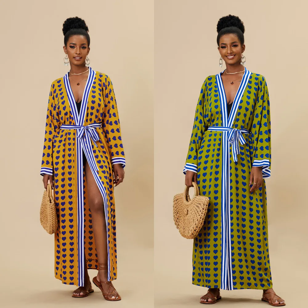 SuperAen European and American Style Cotton Printed Beach Sun Protection Shirts Sexy Cardigans Long Oversize Tops