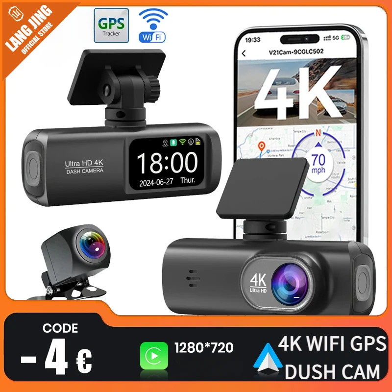 LANGJING Dash Cam 4K Camera for Car Dashcam GPS WiFi 24h Parking Monitor Night Vision Dvr Front and Rear Video Registrator