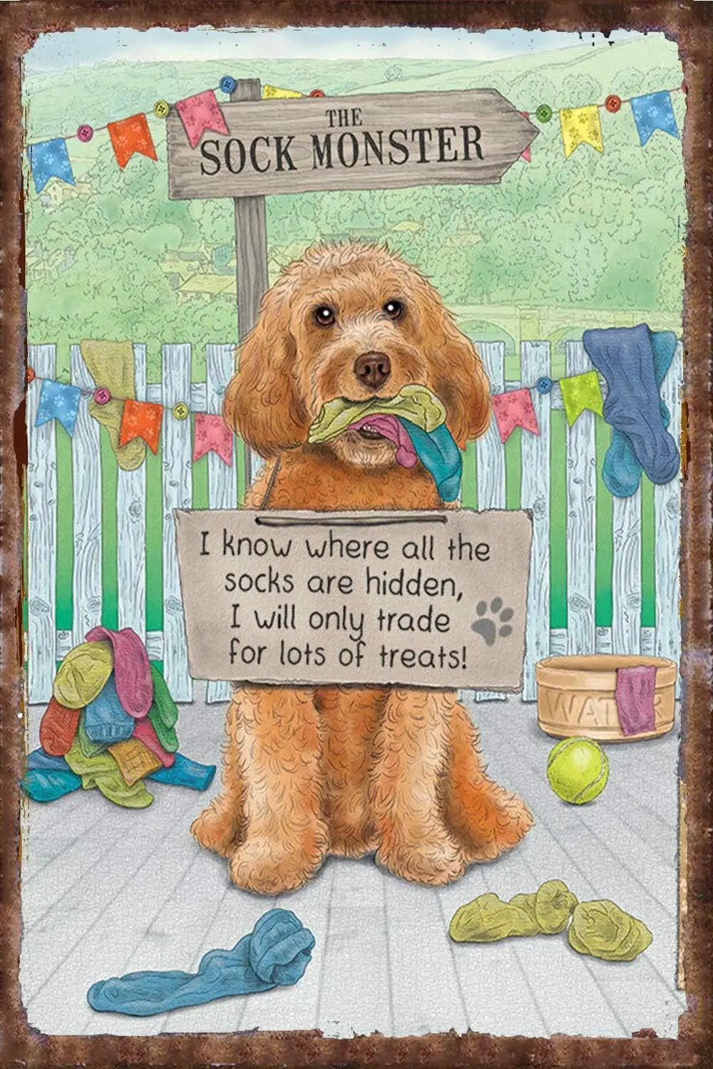 Vintage Style Sock Cockerpoo Labradoodle Puppy Dog Garden Home Wall Decor Metal Tin Sign 16x12inch for Home Kitchen Bar